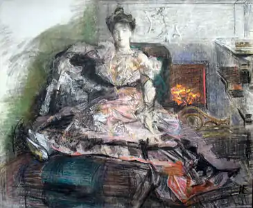 Après le concert. Portrait inachevé de Nadejda Zabela-Vroubel, l'épouse de l'artiste, dans une robe conçue par Vroubel, 1905, Pastel et fusain sur toile 168,5 × 191,5 cm Galerie Tretiakov