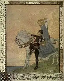 Dessin en couleur d'un homme enfourchant un cheval blanc portant une femme blonde.