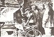 Dessin en noir et blanc d'un homme réparant son vélo, à côté d'autres hommes le regardant, dans une salle.