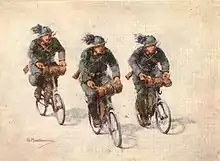 Carte postale en couleurs montrant des soldats à vélo.
