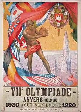 Affiche montrant un homme nu tenant une balle en main, entouré de drapeaux.