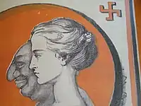 Affiche montrant en gris sur fond orange un fin profil de femme et un profil d'homme gras avec un gros nez et un sourire mielleux