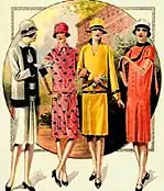 Dessin de mode figurant quatre femmes en chapeaux cloches et ensembles de couleurs vives