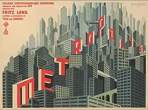 Affiche de film Metropolis sur fond de gratte-ciels.