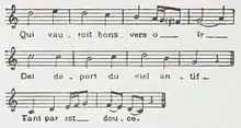 Partition musicale montrant 3 portées suivies chacune d’un texte.