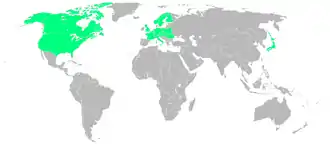 Carte du monde des nations participant aux Jeux indiquées en vert.