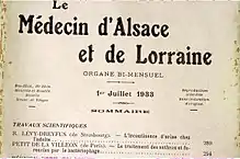 Couverture du Médecin d'Alsace et de Lorraine de 1933 mentionnant le traitement des anthrax et furoncles par bactériophages