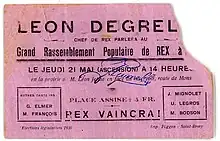Fac-similé d'un ticket pour le meeting rexiste du 21 mai 1936