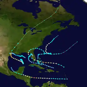 Carte du parcours des tempêtes sur le nord-est de la côte américaine, dans les Caraïbes et le golfe du Mexique.