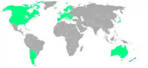 Carte du monde des nations participants aux Jeux indiqués en vert et en bleu.