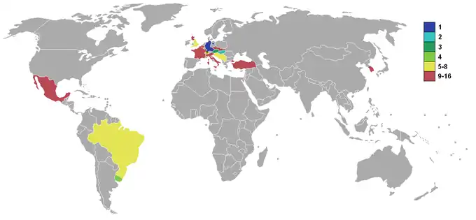 carte du monde, avec les pays qualifiés colorés