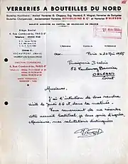 papier à entête des Verreries a Bouteilles du Nord en 1955