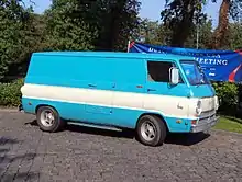 Photo d'un van bleu avec une rayure blanche.