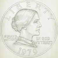 Dessin d'une pièce de monnaie représentant le profil droit d'une femme et les inscriptions Susan B. Anthony, Liberty, In God We Trust et 1979.