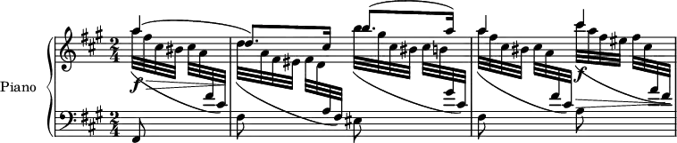 
\version "2.14.2"
\header {
  tagline = ##f
}
upper = \relative c'' {
  \clef treble 
  \key a \major
  \time 2/4
  \tempo 8 = 80
  %\autoBeamOff
   \override TupletBracket #'bracket-visibility = ##f
   \partial 4 << { a'4\f\>( d,8.\!) cis16 } \\ { a'32[( fis cis bis] cis[ a \change Staff = "lower" \stemUp fis cis]) \change Staff = "upper" \stemDown d'32[( a fis eis] fis[ d \change Staff = "lower" \stemUp a fis]) } >>
   << { b''8.( a16) } \\ { \change Staff = "upper" b32[( gis cis, bis] cis32[ b! \change Staff = "lower" \stemUp gis cis,]) } >>
   << { a''4 } \\ { \change Staff = "upper" a32[( fis cis bis] cis32[ a \change Staff = "lower" \stemUp fis cis]) } >>
   << { cis''4\f } \\ { \change Staff = "upper" cis32[(\> a fis eis] fis32[ cis \clef treble \change Staff = "lower" \stemUp a fis])\! } >>
}
lower = \relative c {
  \clef bass
  \key a \major
  \time 2/4
   fis,8 s8 fis'8 s8 eis8 s8 fis8 s8 a8
} 
\score {
  \new PianoStaff <<
    \set PianoStaff.instrumentName = #"Piano"
    \new Staff = "upper" \upper
    \new Staff = "lower" \lower
  >>
  \layout {
    \context {
      \Score
      \remove "Metronome_mark_engraver"
    }
  }
  \midi { }
}
