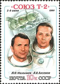 Iouri Malychev (à gauche) et Vladimir Axionov (à droite) sur un timbre émis en 1980