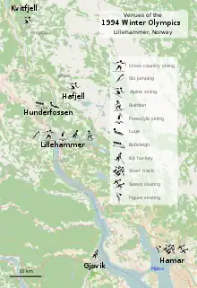 Carte des sites de compétitions indiqués par des pictogrammes sportifs.