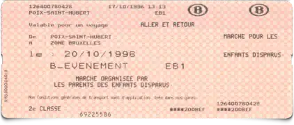 Billet système "Sabin" émis le 17 octobre 1996 par la gare de Poix-Saint-Hubert.