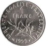 Revers d'une pièce d'1 franc de l'année 1999.