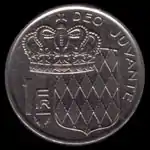 Pièce monégasque (1978) de 1 franc monégasque (côté pile) comportant la devise Deo Juvante.