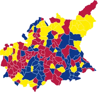 Nuance politique des candidats arrivés en tête dans chaque commune au 1er tour.