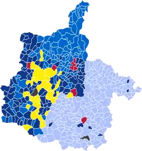 Nuance politique des candidats arrivés en tête dans chaque commune au 1er tour.