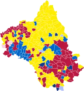 Nuance politique des candidats arrivés en tête dans chaque commune au 1er tour.