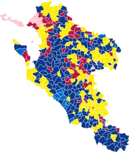 Nuance politique des candidats arrivés en tête dans chaque commune au 1er tour.