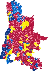 Nuance politique des candidats arrivés en tête dans chaque commune au 1er tour.