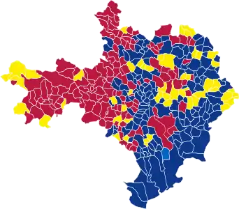 Nuance politique des candidats arrivés en tête dans chaque commune au 1er tour.