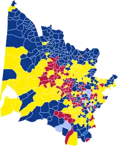 Nuance politique des candidats arrivés en tête dans chaque commune au 1er tour.