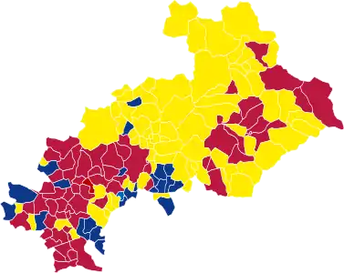 Nuance politique des candidats arrivés en tête dans chaque commune au 1er tour.