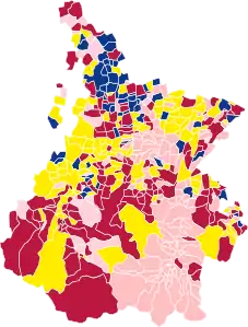 Nuance politique des candidats arrivés en tête dans chaque commune au 1er tour.