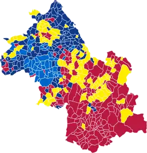 Nuance politique des candidats arrivés en tête dans chaque commune au 1er tour.