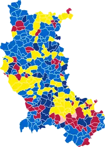 Nuance politique des candidats arrivés en tête dans chaque commune au 1er tour.