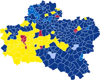 Nuance politique des candidats arrivés en tête dans chaque commune au 1er tour.