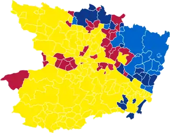 Nuance politique des candidats arrivés en tête dans chaque commune au 1er tour.