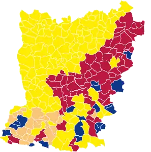 Nuance politique des candidats arrivés en tête dans chaque commune au 1er tour.