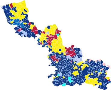 Nuance politique des candidats arrivés en tête dans chaque commune au 1er tour.