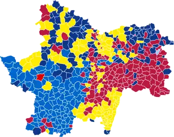 Nuance politique des candidats arrivés en tête dans chaque commune au 1er tour.