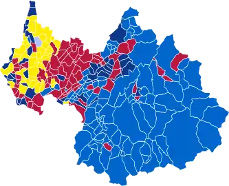 Nuance politique des candidats arrivés en tête dans chaque commune au 1er tour.