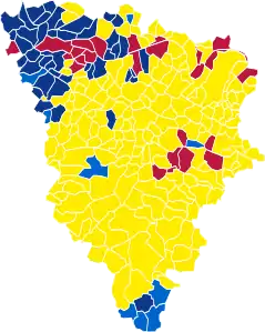 Nuance politique des candidats arrivés en tête dans chaque commune au 1er tour.