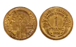 Pièce de 1 franc frappée en 1936 du « type Morlon », gravée par Pierre-Alexandre Morlon.