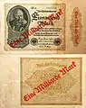 Billet de 1 000 marks du 15 décembre 1922 contremarqué en rouge « 1 milliard de marks » durant l'automne 1923.