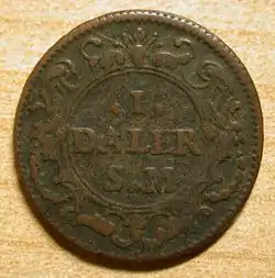 Riksdaler en cuivre de 1719 frappée durant la Grande guerre du Nord pour éviter la fuite de l'argent.