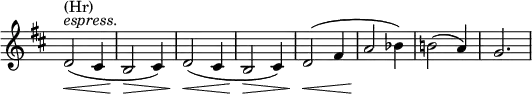 
\relative c' \new Staff \with { \remove "Time_signature_engraver" } {
 \key d \major \time 3/4 \set Score.tempoHideNote = ##t \tempo "" 4=96
  d2^\markup { \italic espress. } ^\markup (Hr) \<( cis4 b2\> cis4) d2\<( cis4 b2\> cis4) d2\<( fis4 a2\! bes4) b!2( a4) g2.
}
