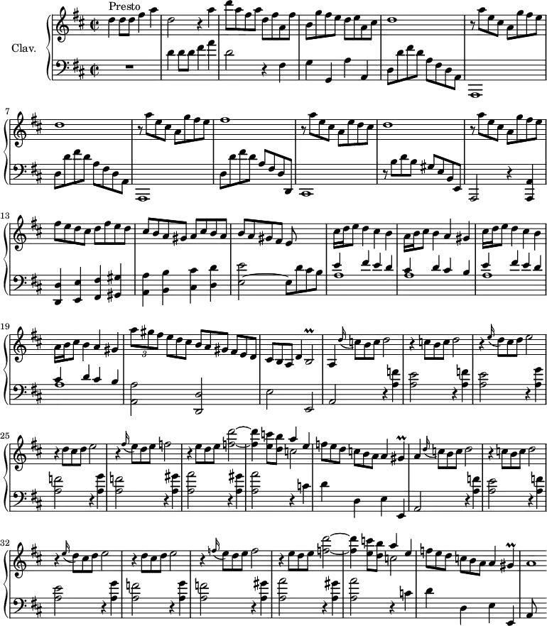 
\version "2.18.2"
\header {
  tagline = ##f
  % composer = "Domenico Scarlatti"
  % opus = "K. 480"
  % meter = "Presto"
}
%% les petites notes
trillBp      = { \tag #'print { b2\prall } \tag #'midi { cis16 b cis b cis b~   \tempo 2 = 62 b8   \tempo 2 = 92 } }
trillGis     = { \tag #'print { gis4\prall } \tag #'midi { a16 gis a   \tempo 2 = 72 gis   \tempo 2 = 92 } }
upper = \relative c'' {
  \clef treble 
  \key d \major
  \time 2/2
  \tempo 2 = 92
      s8*0^\markup{Presto}
      d4 d8 d fis 4 a | d,2 r4 a'4 | d8 a fis a d, fis a, fis' | b, g' fis e d e a, cis
      % ms. 5
      \repeat unfold 2 { d1 | r8 a'8 e cis a g' fis e } | fis1 |
      % ms. 10
      r8 a8 e cis a e' d cis | d1 | r8 a'8 e cis a g' fis e  | fis e d cis  d fis e d | cis b a gis  a cis b a |
      % ms. 15
      b8 a gis fis e s4. | \repeat unfold 2 { cis'16 d e8 d4 cis b | a16 b cis8  b4 a gis } | 
      % ms. 20
      \times 2/3 { a'8 gis fis } \omit TupletNumber \times 2/3 { e[ d cis]  b a gis fis[ e d] | cis b a } d4 \trillBp | a4  \appoggiatura d'16 \times 2/3 { c8 b c } d2 | r4 \times 2/3 { c8 b c } d2 |
      % ms. 24
      r4 \appoggiatura e16 \times 2/3 { d8 cis d } e2 | r4 \times 2/3 { d8 cis d } e2 | r4 \appoggiatura fis16 \times 2/3 { e8 d e } f2 | r4  \times 2/3 { e8 d e } < f d' >2~ | q4 < e c' >8 < d b' > << { a'4 e } \\ { c2 } >>
      % ms. 29
      \times 2/3 { f8 e d c[ b a]  } a4 \trillGis | a4 \appoggiatura d16 \times 2/3 { c8[ b c] } d2 | r4 \times 2/3 { c8 b c } d2 | r4 \appoggiatura e16 \times 2/3 { d8 cis d } e2 | r4 \times 2/3 { d8 cis d } e2 |
      % ms. 34
      r4 \appoggiatura f16 \times 2/3 { e8 d e } f2 | r4 \times 2/3 { e8 d e } < f d' >2~  | q4 < e c' >8 < d b' > << { a'4 e } \\ { c2 } >> | \times 2/3 { f8 e d c[ b a]  } a4 \trillGis | a1*1/4
      % ms. 39
}
lower = \relative c' {
  \clef bass
  \key d \major
  \time 2/2
    % ************************************** \appoggiatura a16  \repeat unfold 2 {  } \times 2/3 { }   \omit TupletNumber 
      R1 | d4 d8 d fis4 a | d,2 r4 fis,4 | g g, a' a, | 
      % ms. 5
      \repeat unfold 2 { d8 d' fis d a fis d a | a,1 } | d'8 d' fis d a fis d d, |
      % ms. 10
      cis1 | r8 b''8 d b gis e b e, | a,2 r4 < a a' >4 | < d d' > < e e' > < fis fis' > < gis gis' > | < a a' > < b b' > < cis cis' > < d d' >
      % ms. 15
      < e e' >2~ e8 d' cis b | \repeat unfold 2 { << { e4 fis e d | cis d cis b } \\ { a1 a } >> }
      % ms. 20
      < a, a' >2 < d, d' > | e' e, | a \repeat unfold 2 { r4 < a' f' >4 |
      % ms. 24
      < a e' >2 } \repeat unfold 2 { r4 < a g' >4 | < a f' >2 } | \repeat unfold 2 { r4 < a gis' >4 | < a a' >2 } r4 c4 |
      % ms. 29
      d4 d, e e, | a2 \repeat unfold 2 { r4 < a' f' >4 |
      % ms. 24
      < a e' >2 } \repeat unfold 2 { r4 < a g' >4 |
      % ms. 34
      < a f' >2 } | \repeat unfold 2 { r4 < a gis' >4 | < a a' >2 } r4 c4 | d4 d, e e, | a8
      % ms. 39
}
thePianoStaff = \new PianoStaff <<
    \set PianoStaff.instrumentName = #"Clav."
    \new Staff = "upper" \upper
    \new Staff = "lower" \lower
  >>
\score {
  \keepWithTag #'print \thePianoStaff
  \layout {
      #(layout-set-staff-size 17)
    \context {
      \Score
     \override TupletBracket.bracket-visibility = ##f
     \override SpacingSpanner.common-shortest-duration = #(ly:make-moment 1/2)
      \remove "Metronome_mark_engraver"
    }
  }
}
\score {
  \keepWithTag #'midi \thePianoStaff
  \midi { \set Staff.midiInstrument = #"harpsichord" }
}
