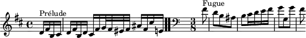 
\version "2.18.2"
\header {
  tagline = ##f
}
\score {
  \new Staff \with {
  }
<<
  \relative c' {
    \key b \minor
    \time 4/4
     %% INCIPIT CBT II-24, BWV 893, si mineur
     \partial 4
     s4*0^\markup{Prélude} d16 fis b, cis d fis b, d cis fis g32 fis eis fis ais16 fis cis' e, \bar ".."
      \skip 8*1
      \override Staff.Clef.extra-offset = #'( -1 . 0 )
      \clef bass
     \time 3/8 \partial 8
     s4*0^\markup{Fugue} fis8 d b ais b cis16 d e fis g8 g, g' fis
  }
>>
  \layout {
     \context { \Score \remove "Metronome_mark_engraver"
     \override SpacingSpanner.common-shortest-duration = #(ly:make-moment 1/2) 
       }
  }
  \midi {}
}
