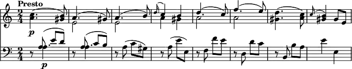 
<<
\new Staff  \relative c'' {
       \version "2.18.2"
         \clef "treble"
         \tempo "Presto"
         \key c \major
         \time 2/4
          \tempo 4 =180
      <a c>4. \p  (<gis b>8)
      << { \stemDown e2} \\ {\stemUp a4. ^(gis8)} >>
      << { \stemDown e2} \\ {\stemUp a4. ^( b8)} >>
      << { \stemDown a4 gis} \\ {\stemUp \grace d'16 ^(c4) b} >>
      << { \stemDown a2} \\ {\stemUp d4. ^(c8)} >>
      << { \stemDown a2} \\ {\stemUp f'4. ^( e8)} >>
      <gis, d'>4.   (<a c>8)
     \grace c16 ^(<gis b>4) gis8 e
}
\new Staff \relative c' {
         \clef "bass"
         \key c \major
         r8 << { \stemDown a4.\p} \\ {\stemUp a8 ^(e' d)} >>
         r8 << { \stemDown a4.} \\ {\stemUp a8 ^(c b)} >>
         r8 a (c gis)
         r a (e' e,)
         r f f'e
         r d, d' c
         r b, b' a
         e'4 e,
}
>>
