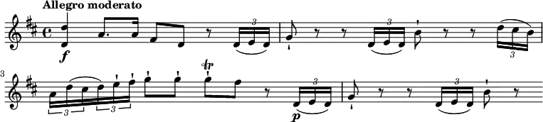 
\relative c' {
\version "2.18.2"
\key d \major
\time 4/4
\tempo "Allegro moderato"
\tempo 4 = 70
<d d'>4\f a'8. a16 fis8 d r8 \tuplet 3/2 {d16 (e d)}
g8-! r8 r8 \tuplet 3/2 {d16 (e d)} b'8-!  r8 r8  \tuplet 3/2 {d16 (cis b)}
 \tuplet 3/2 {a16 d (cis} \tuplet 3/2 {d) e-! fis-!} g8-! g-! g-! \trill  fis  r8
\tuplet 3/2 {d,16\p (e d)} g8-! r8 r8 \tuplet 3/2 {d16 (e d)} b'8-! r8
}
